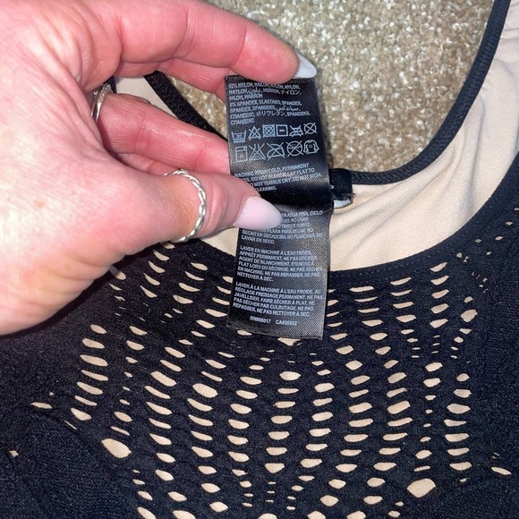 BeBe dress body Con knee length 3/4 sleeve form fitting black/nude SZ M/L - Picture 3 of 8